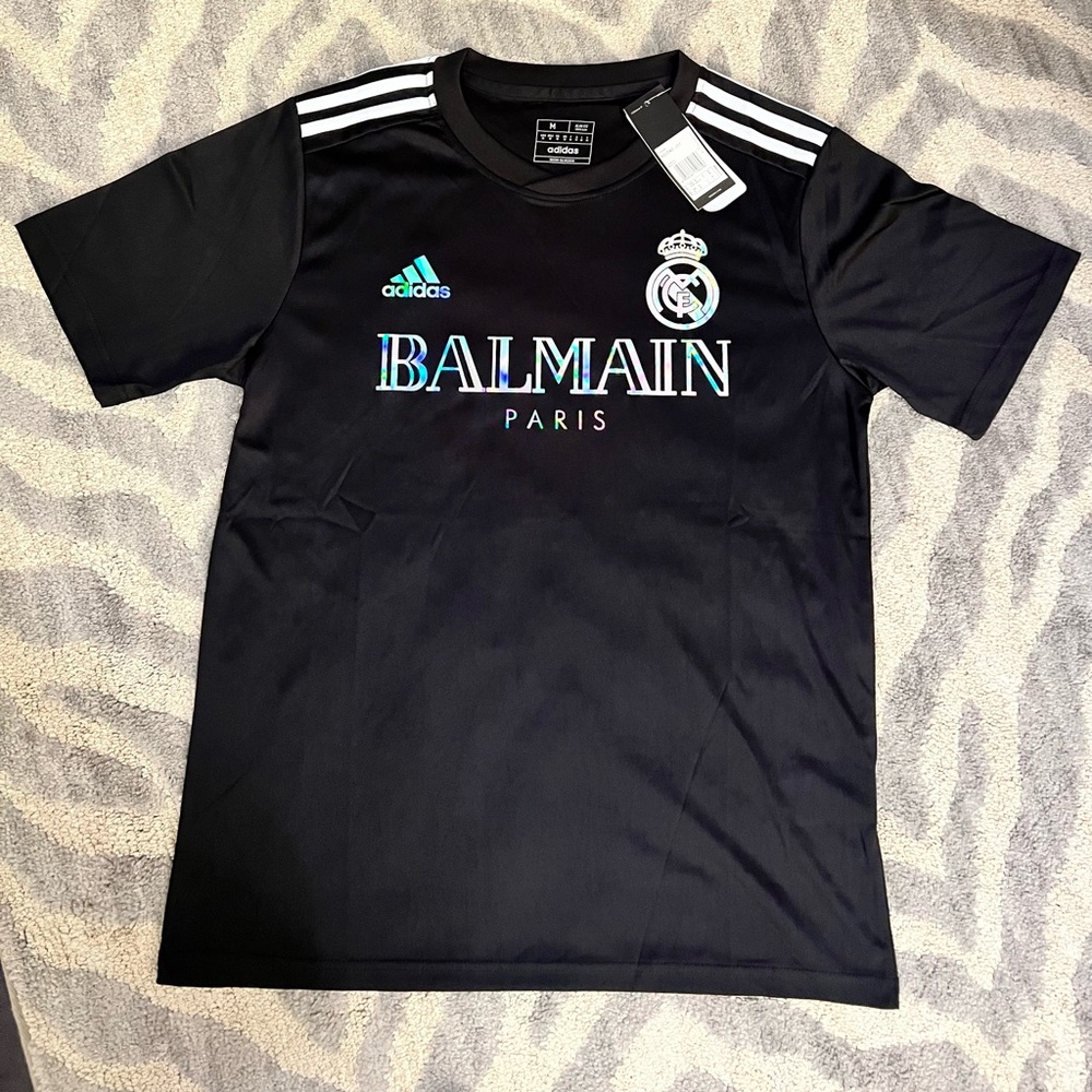 Adidas Black Real Madrid Collaboration Balmain jersey kit.